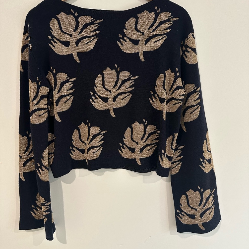 DEMY LEE Dark Navy and Gold Lurex Leaf Patterned Women's Cropped Sweater